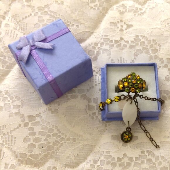 VTG NWOT Girls Women’s Orange Green Rhinestone Adjustable Vintage Copper Ring - Picture 9 of 11